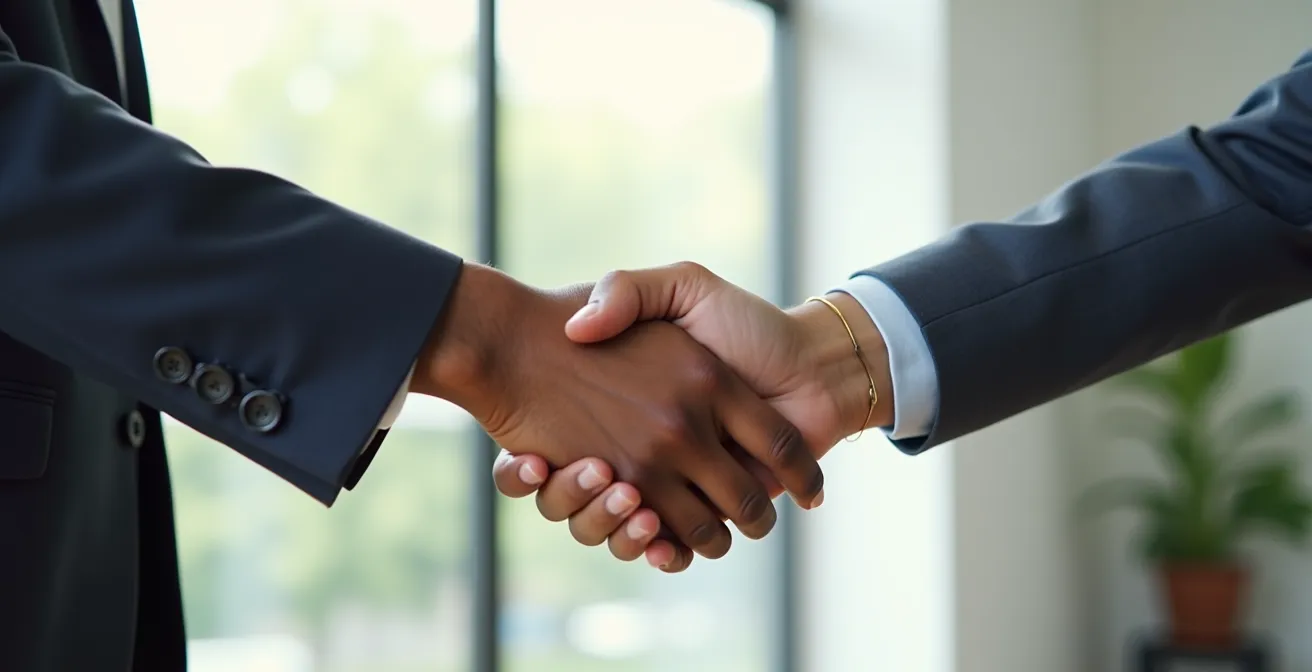 Poignée de main professionnelle entre vendeur et acheteur immobilier