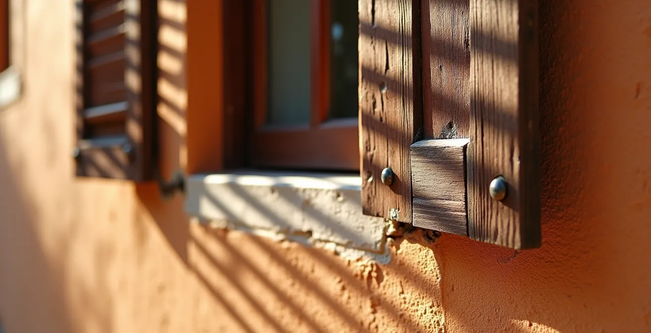 Détail de volets en bois méditerranéens avec ombre portée sur mur crépi